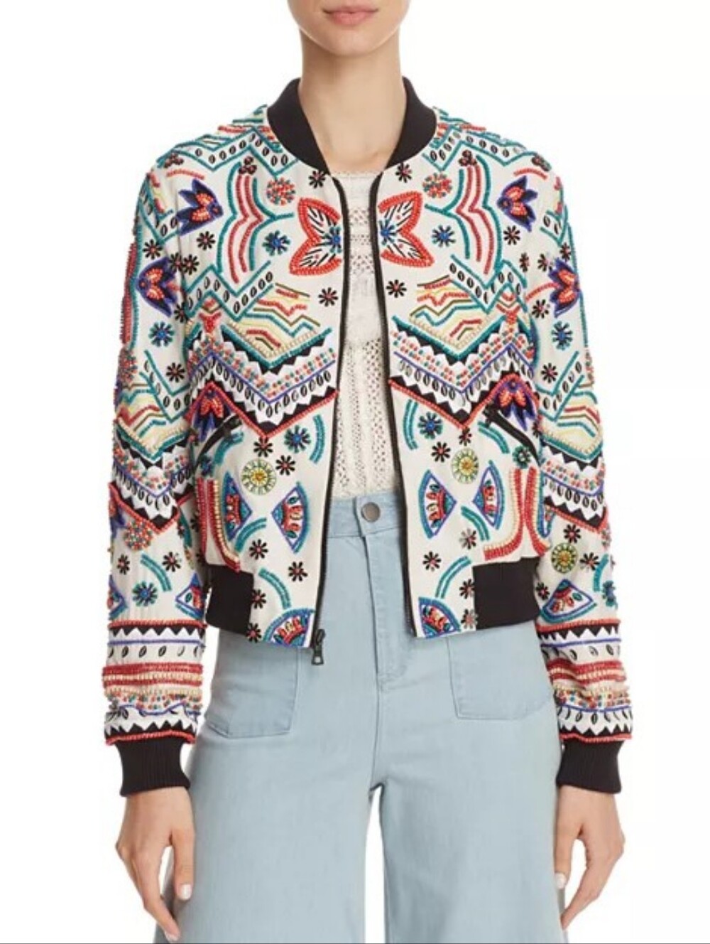 Alice and Olivia Lonnie Beaded 100% Silk Bomber Jacket
